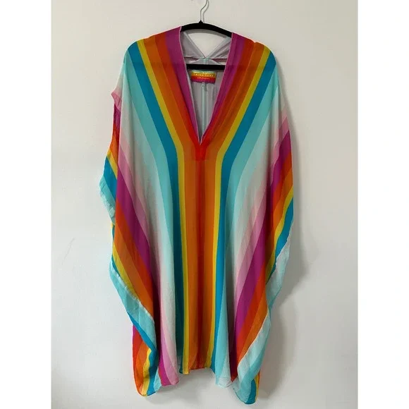 Trina Turk 25th Anniversary Rainbow Stripe Silk Lined Kaftan Tunic Dress Large - Picture 1 of 9